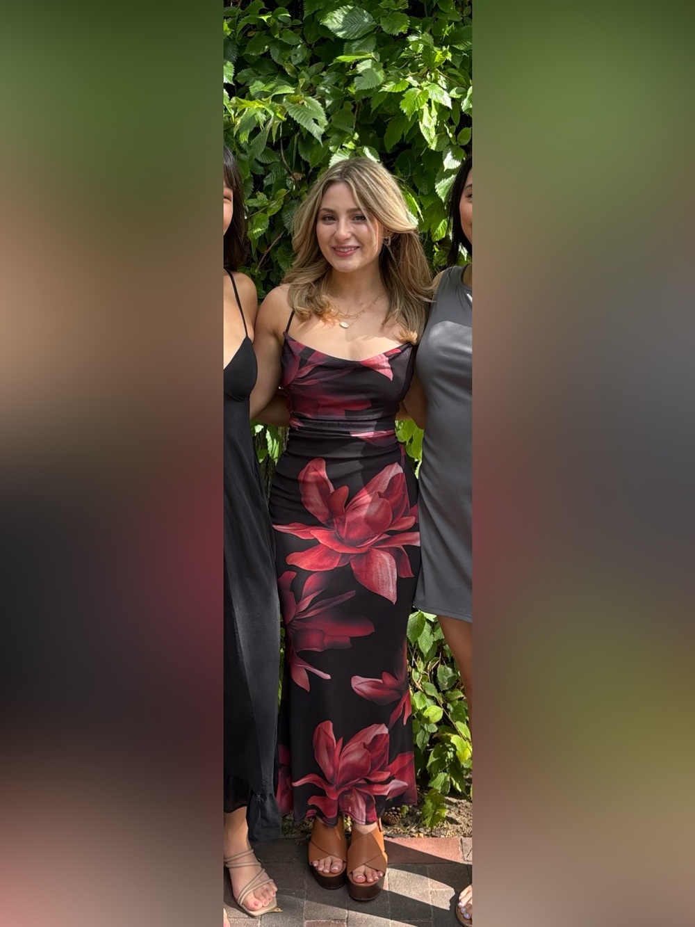 Windsor Black Slip Midi Dress with Red Floral Print